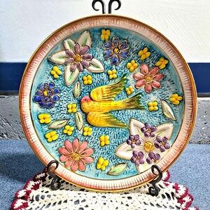 Vintage Ceramic H Bequet Quaregnon Majolica Hand Painted Gold Plated Plate #11